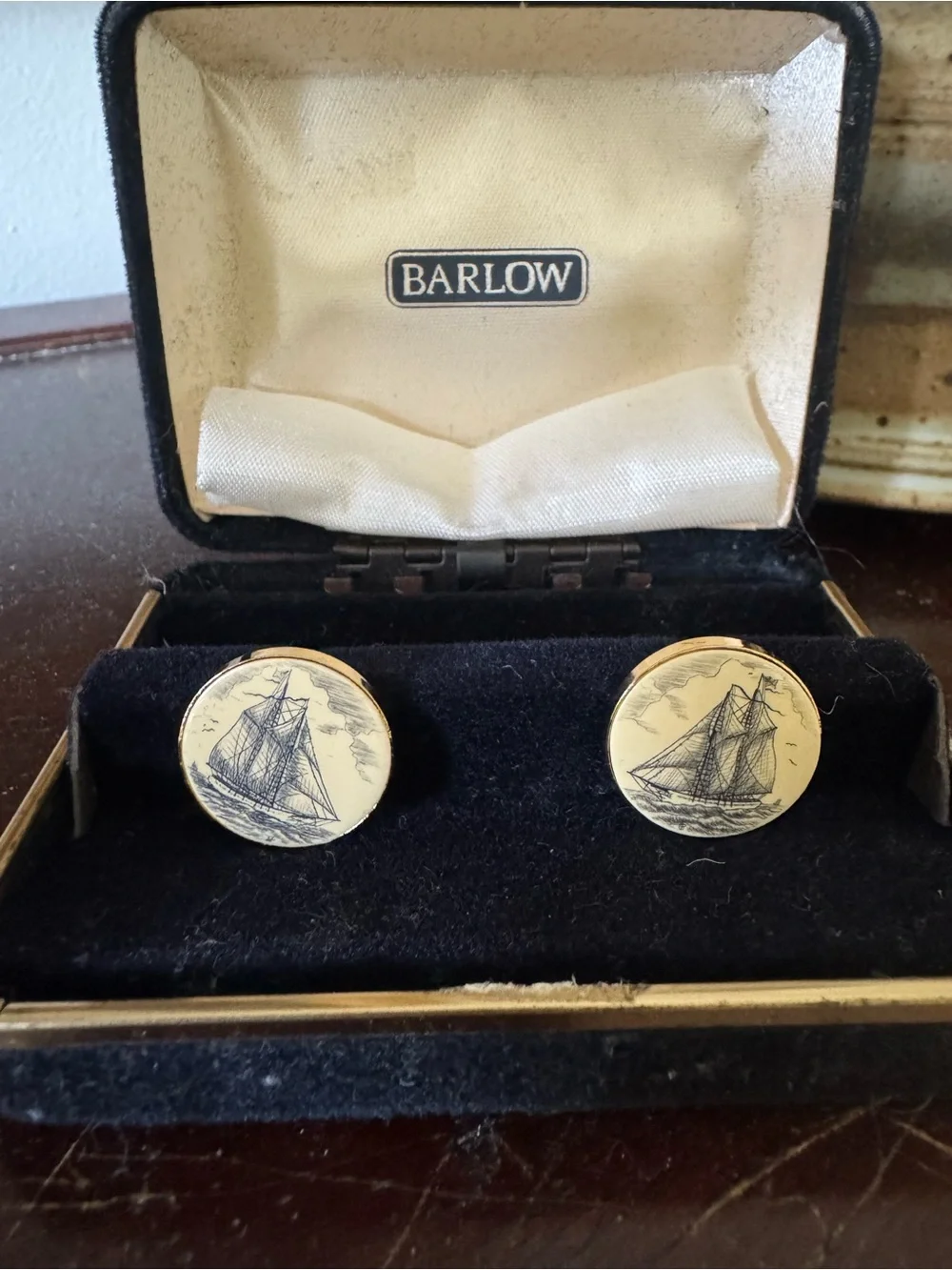 Vintage Barlow nautical scrimshaw style cufflinks